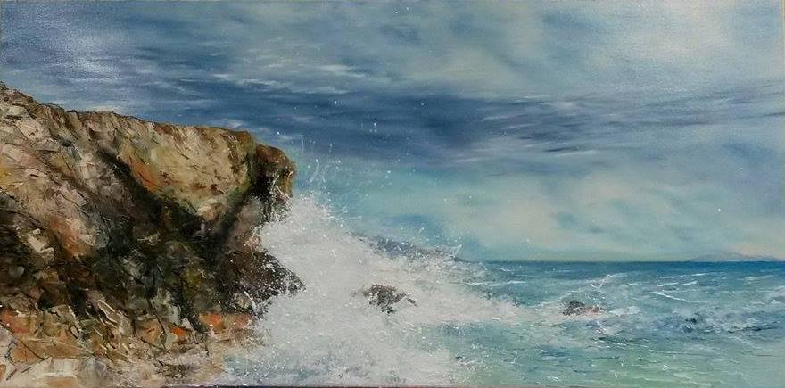 La vague et son rocher, réalisée à l’huile, 50x100cm